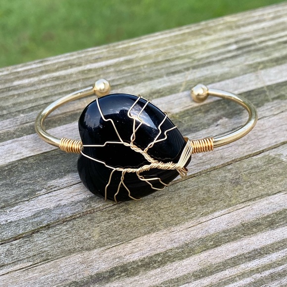 Genuine Black Onyx gemstone Heart Bracelet tree of life wire wrapped bracelet - Picture 4 of 12